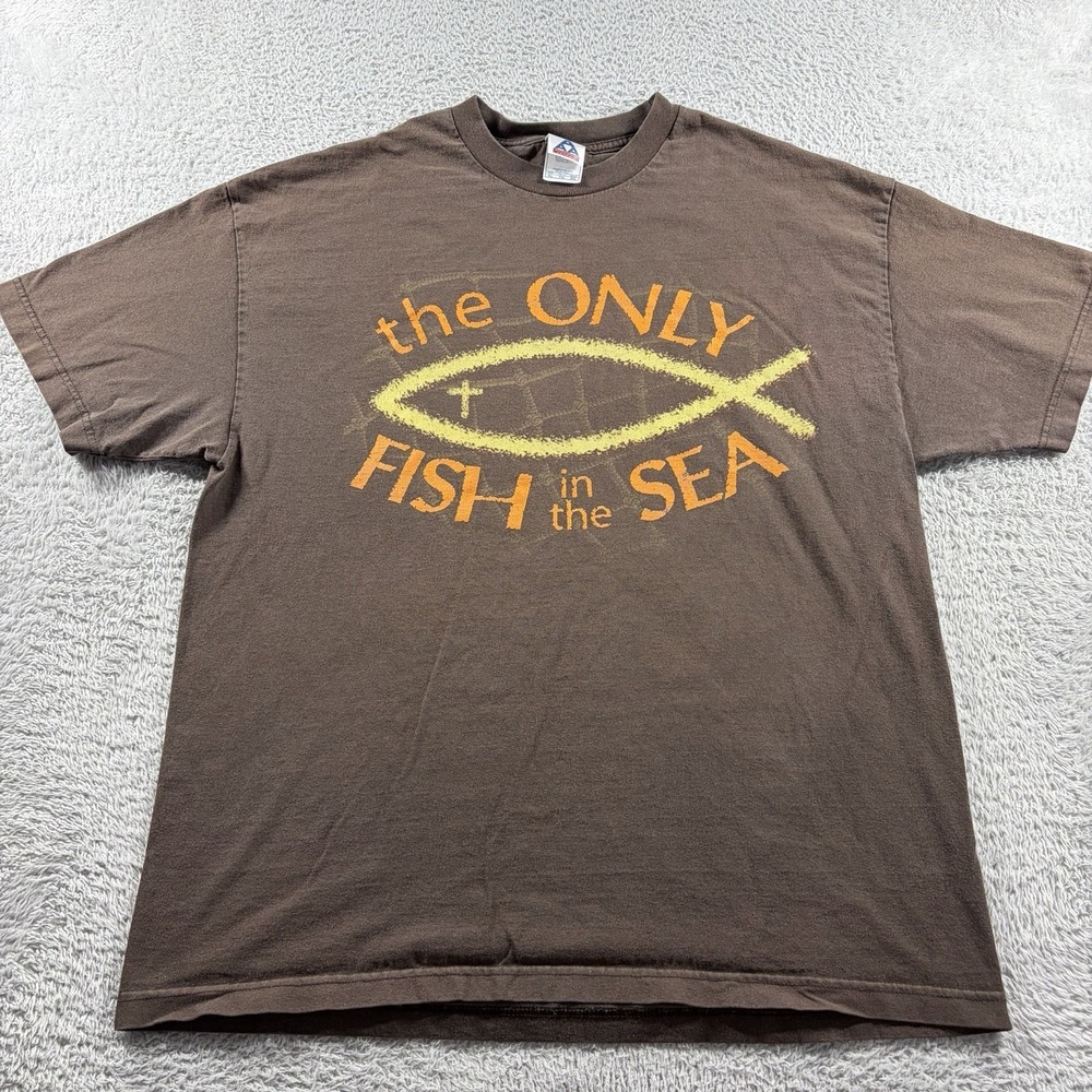 VINTAGE Jesus Shirt Mens XL Brown 'Only Fish in the Sea' Religious T Shirt